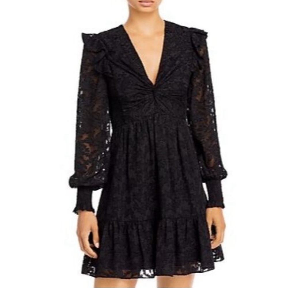 Aqua v-neck black mini dress with sheer sleeves size small